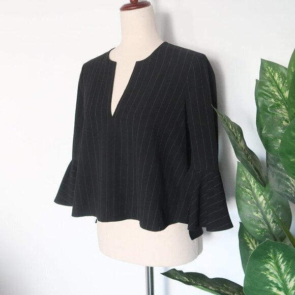 BCBGMaxAzria Black Pinstriped Split Crew Beck Bell Sleeve Blouse / Top Size XXS - Picture 5 of 11